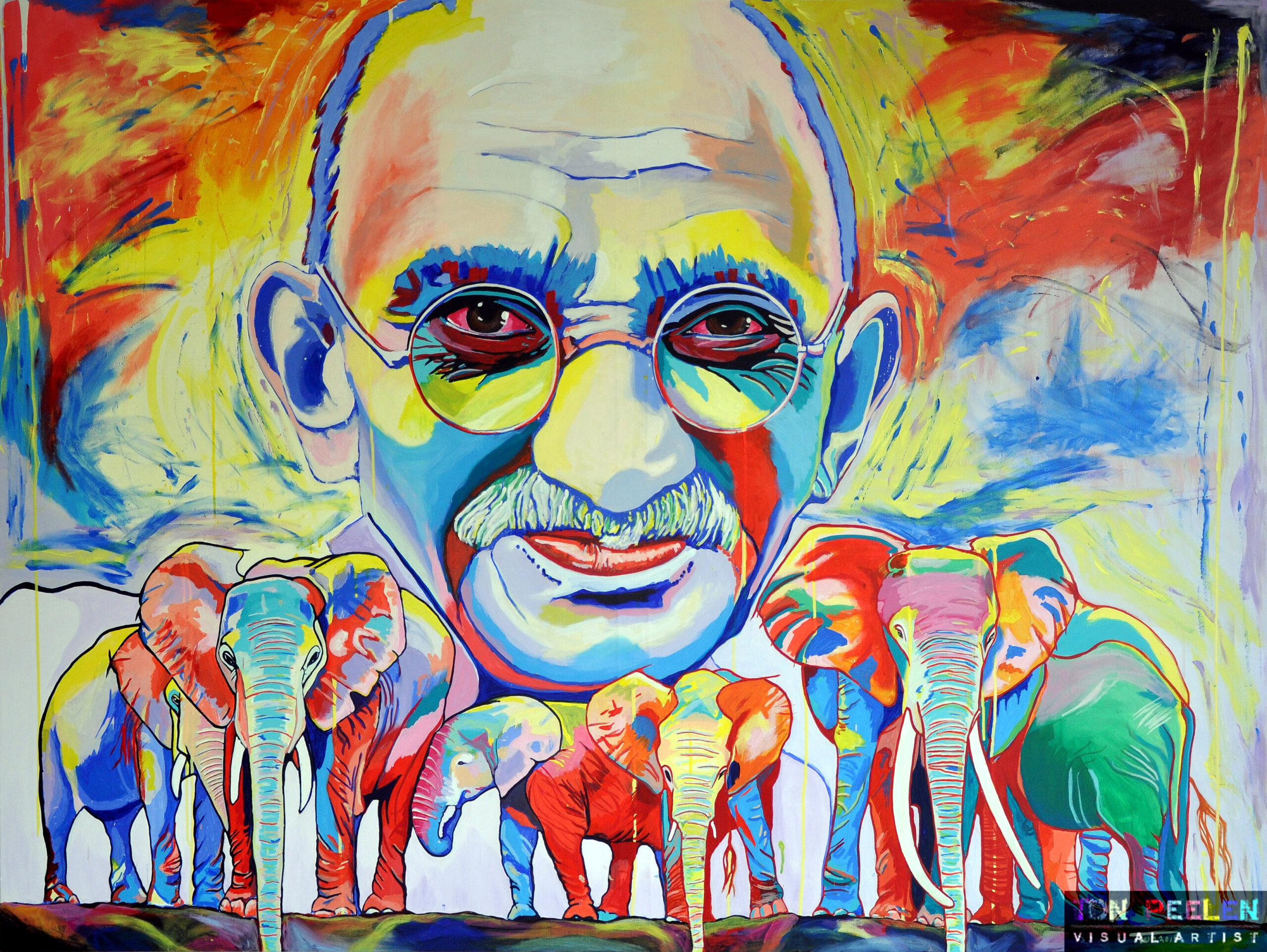 Portrait of Mahatma Gandhi with elephants by Dutch artist Ton Peelen